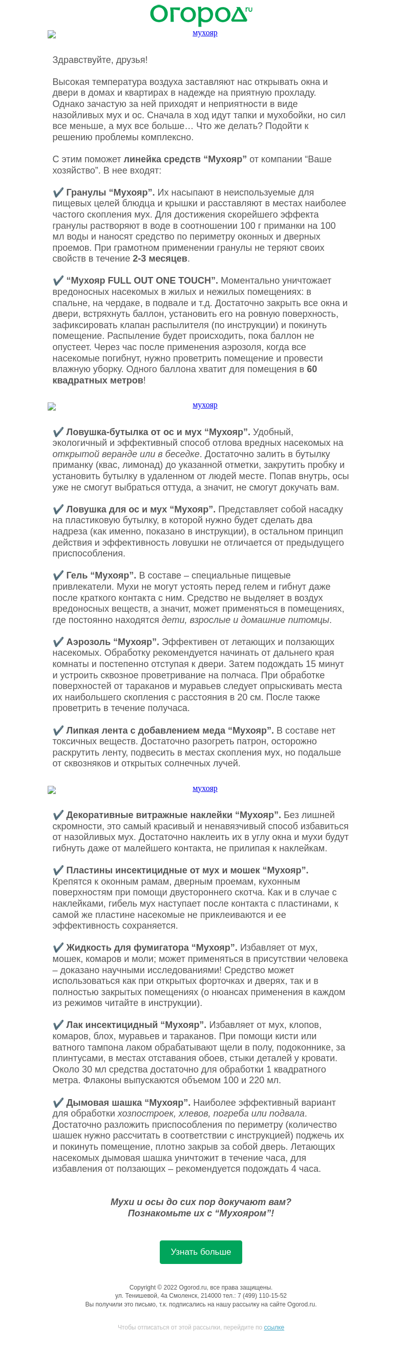 Письмо компании «Огород.ru» на тему «Как очистить дом от мух и ос за один раз»