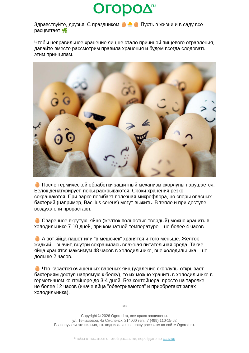 Письмо компании «Огород.ru» на тему «🥚 Сколько хранятся вареные яйца?»