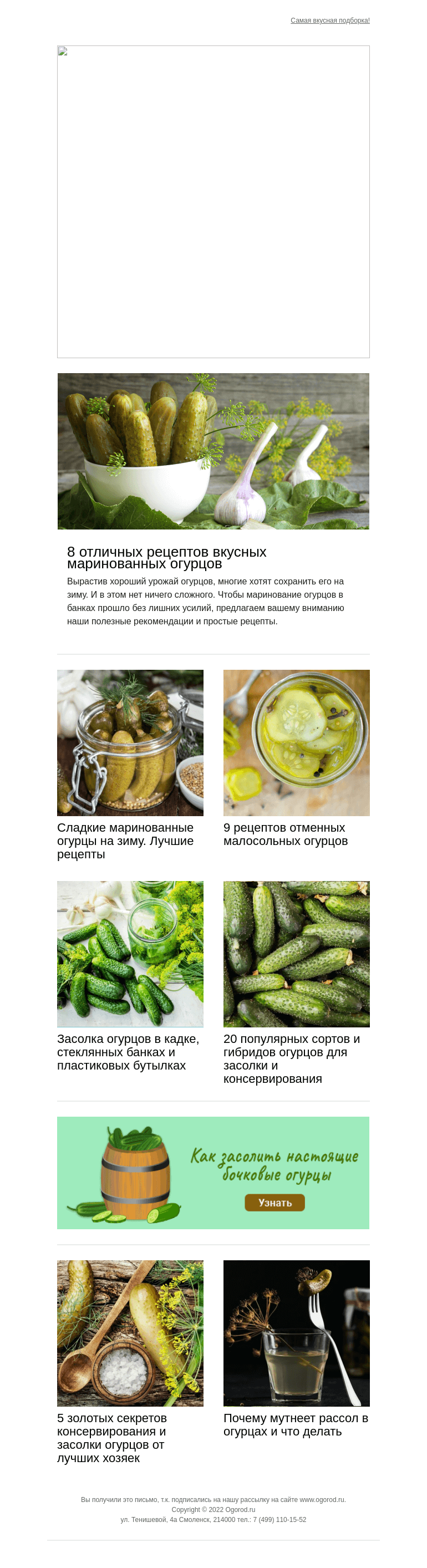 Письмо компании «Огород.ru» на тему «Все о засолке и мариновании огурцов»