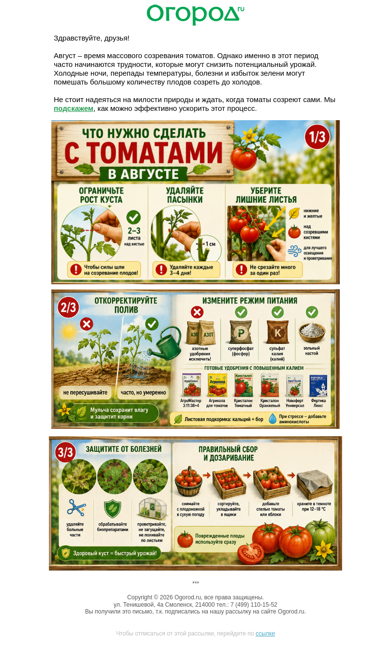 Письмо компании «Огород.ru» на тему «Список работ с 🍅 в августе»