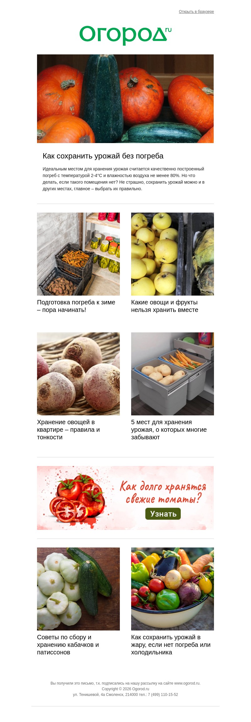 Письмо компании «Огород.ru» на тему «🍆🥕 Готовимся к хранению урожая»