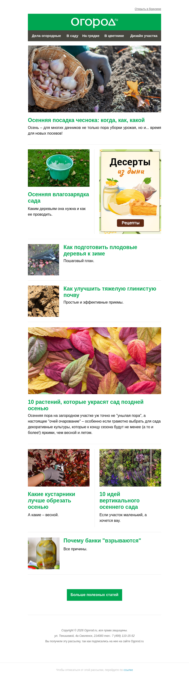 Письмо компании «Огород.ru» на тему «На Огород.ru: готовим сад к зиме и сажаем чеснок»