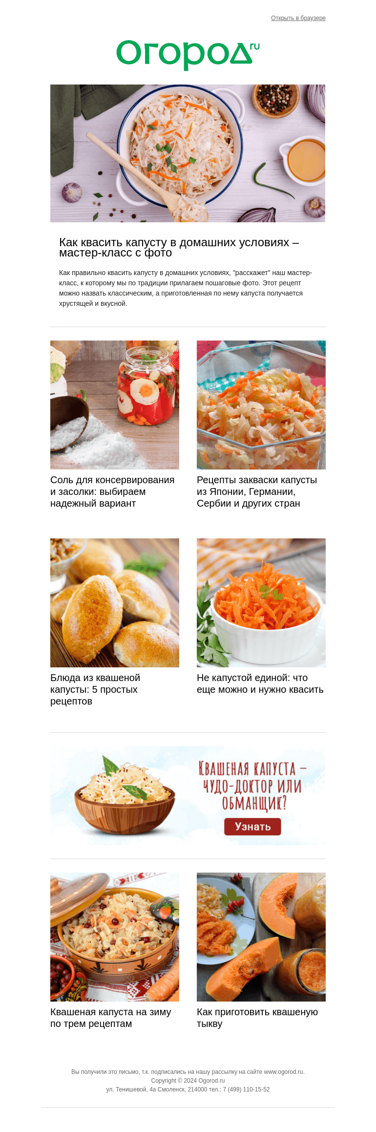 Письмо компании «Огород.ru» на тему «🥣 Квасим капусту по правилам»