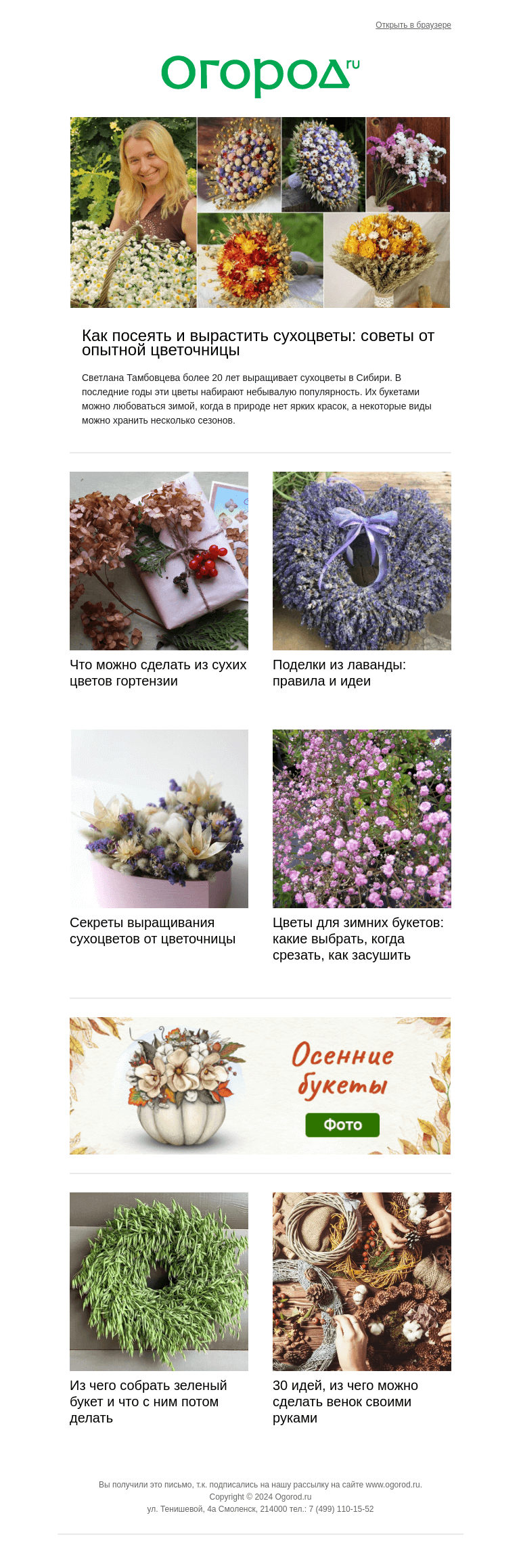 Письмо компании «Огород.ru» на тему «💐 Букеты из сухоцветов от осенней хандры»