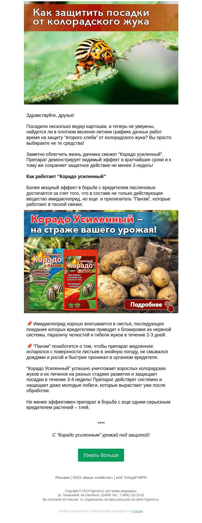 Письмо компании «Огород.ru» на тему «Как спасти посадки от колорадского жука»