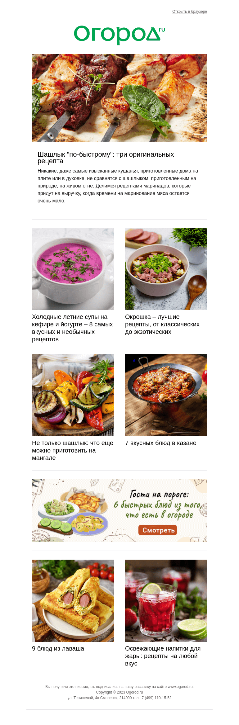 Письмо компании «Огород.ru» на тему «Летнее меню для дачи – супы, горячее и напитки»