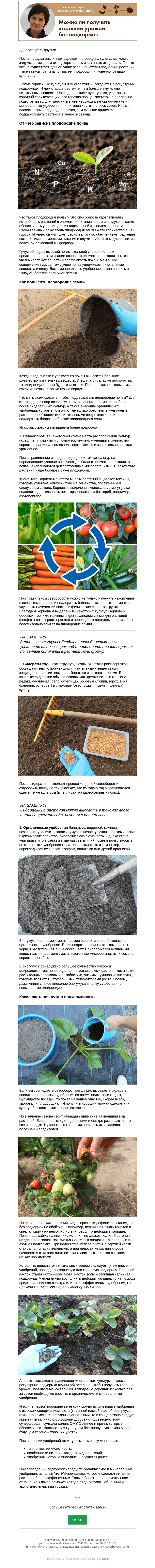 Письмо компании «Огород.ru» на тему «Колонка фермера. Можно ли получить хороший урожай без подкормок»