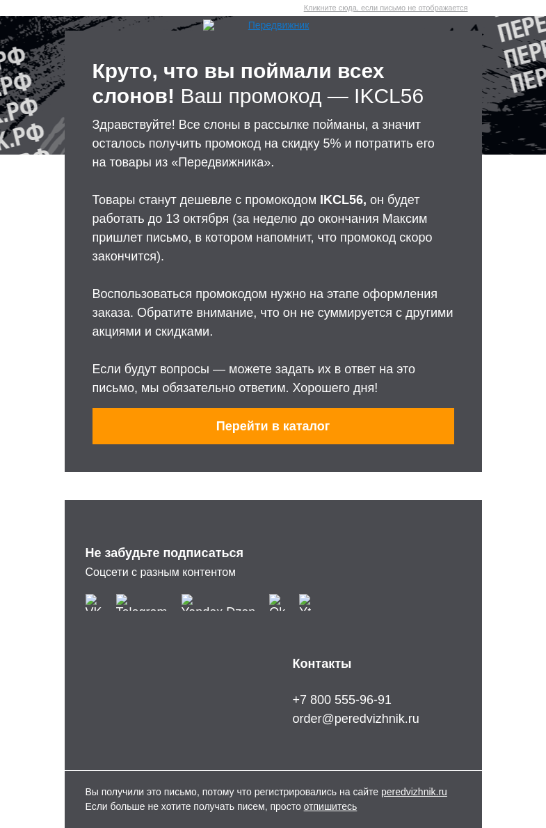 Письмо компании «Передвижник» на тему «Ваш промокод за поимку слонов 🐘»