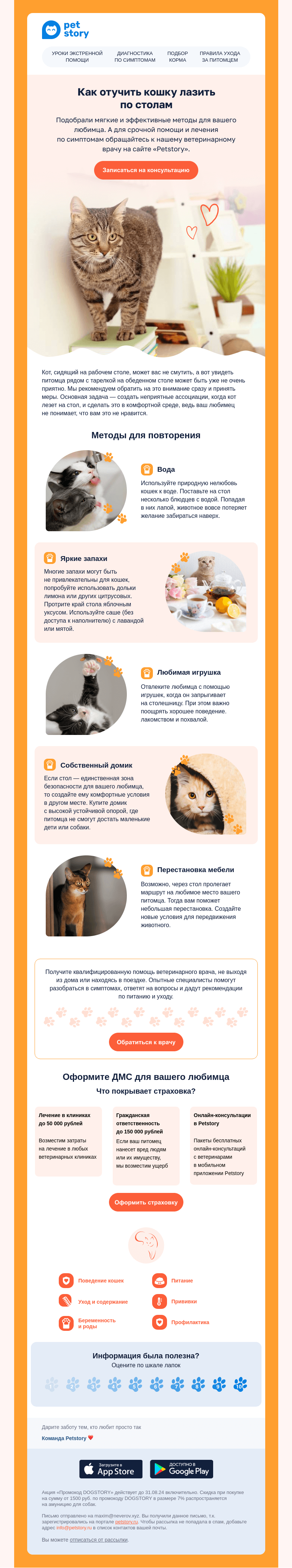 Письмо компании «Petstory» на тему «8 способов отучить кошку лазить на стол 🙌🐈»