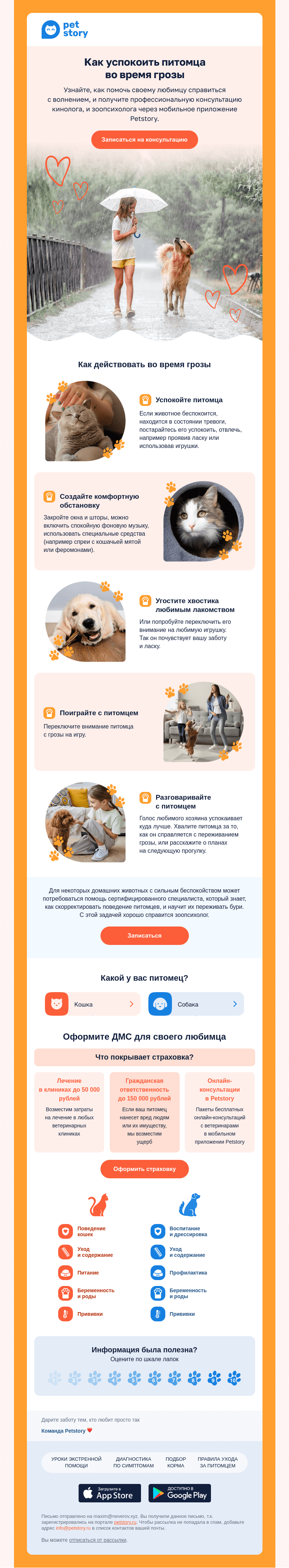 Письмо компании «Petstory» на тему «⚡️🐶 Как успокоить питомца во время грозы»