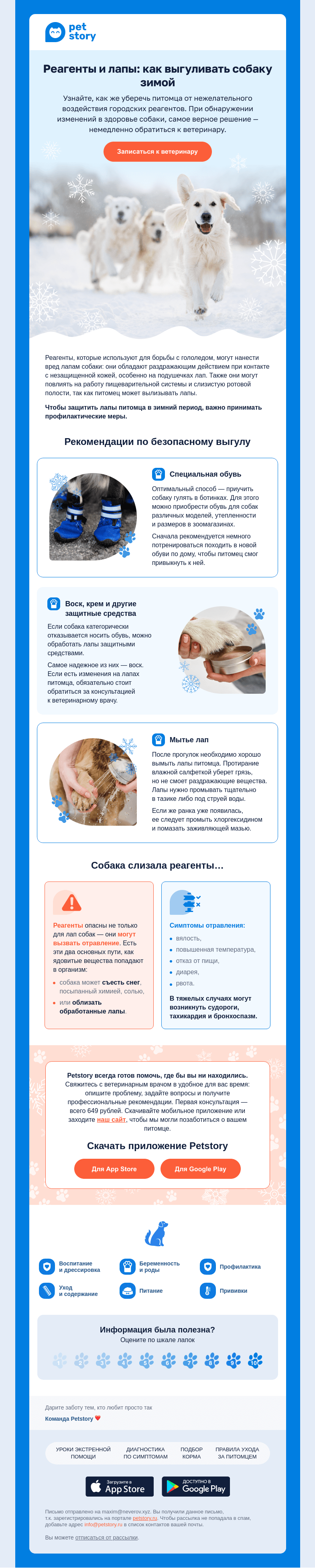Письмо компании «Petstory» на тему «🐾🐕 Как защитить собаку зимой от реагентов?»