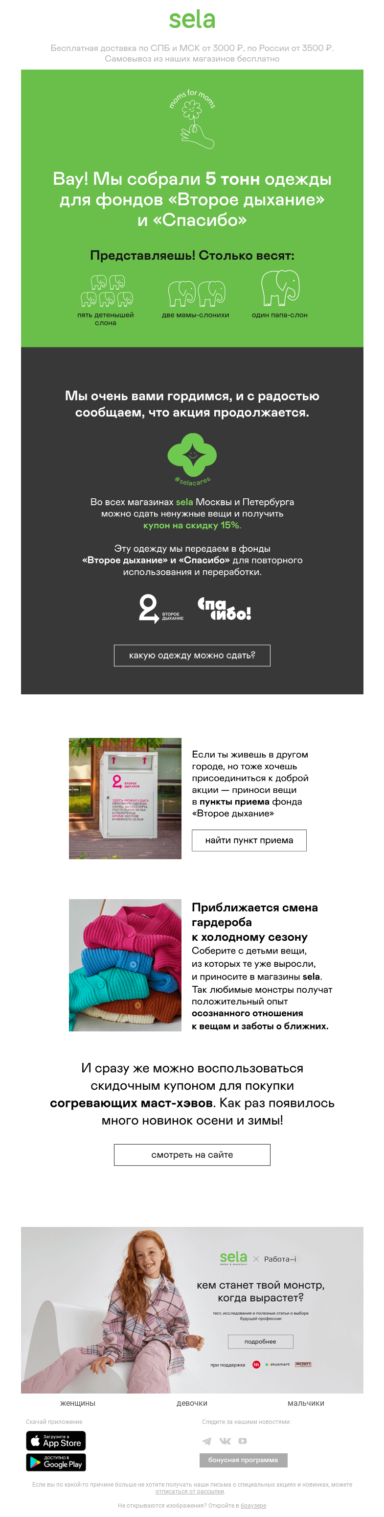 Письмо компании «sela» на тему «Мы собрали 5 тонн ненужной одежды! 😍»