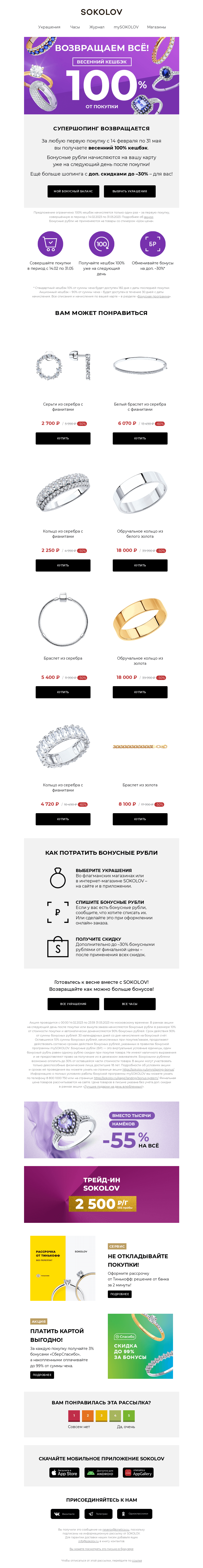 Письмо компании «SOKOLOV» на тему «Всем! 🌸 Весенний кешбэк»