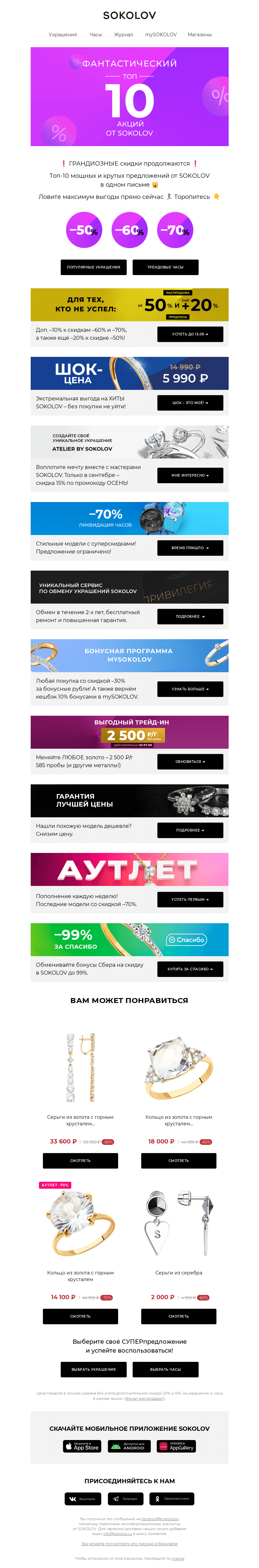 Письмо компании «SOKOLOV» на тему «ФАНТАСТИЧЕСКИЙ ТОП-10 💥 Лучшие акции SOKOLOV»