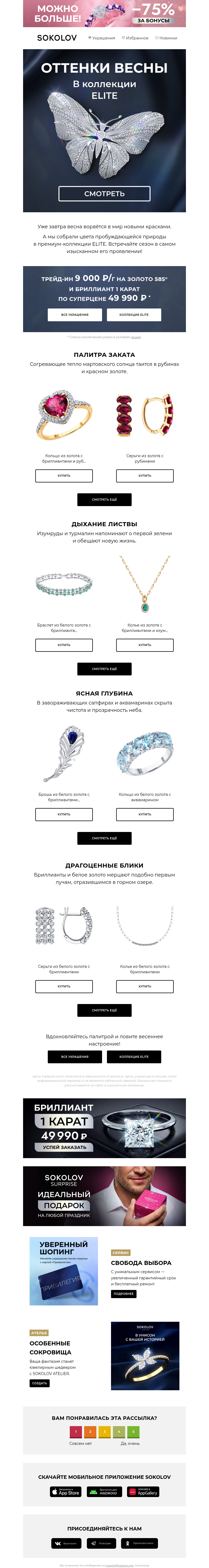 Письмо компании «SOKOLOV» на тему «Весеннее настроение 🌼 В премиум-коллекции ELITE»