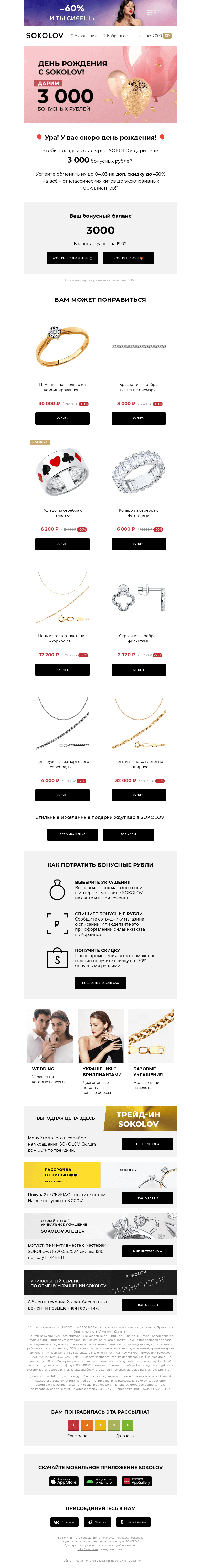 Письмо компании «SOKOLOV» на тему «💎 🎁 Ваш подарок ко дню рождения 🎁 💎»