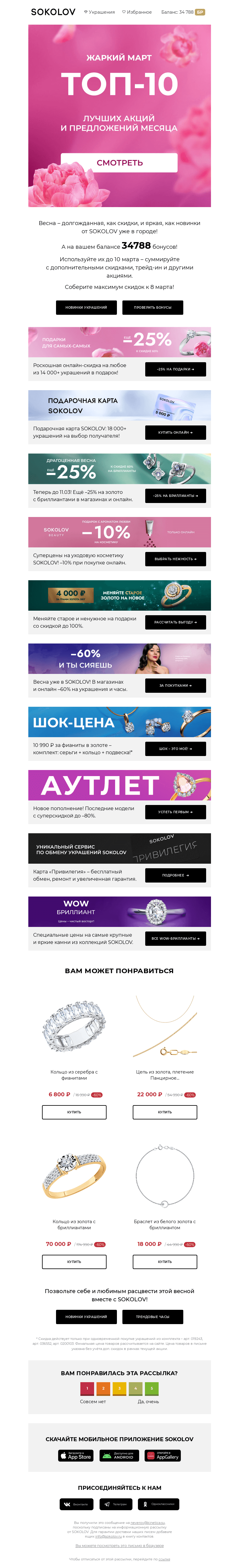 Письмо компании «SOKOLOV» на тему «ТОП-10 акций марта 🌸️ Начинаем весну выгодно!»