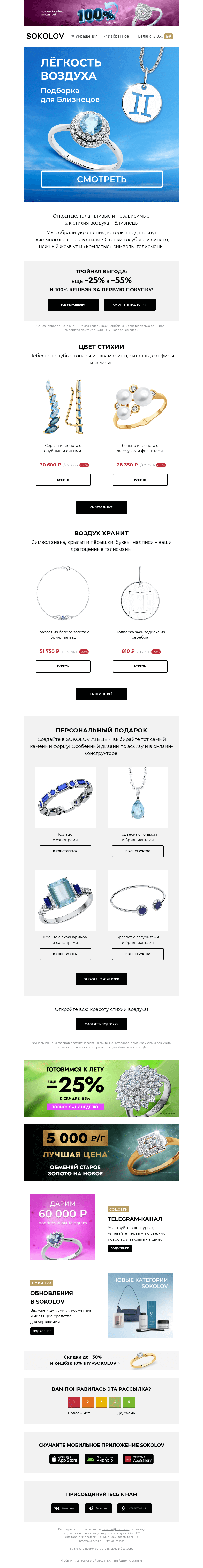 Письмо компании «SOKOLOV» на тему «Воздушная эстетика 🌬️ Подборка для Близнецов»