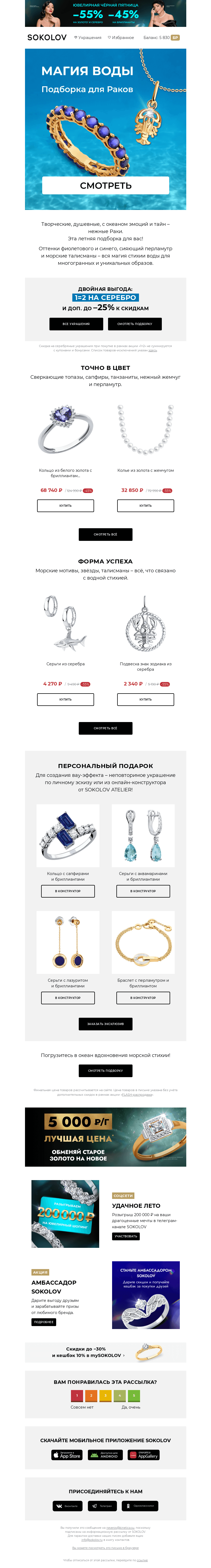 Письмо компании «SOKOLOV» на тему «Магия воды 💧♋ Подборка для Раков»