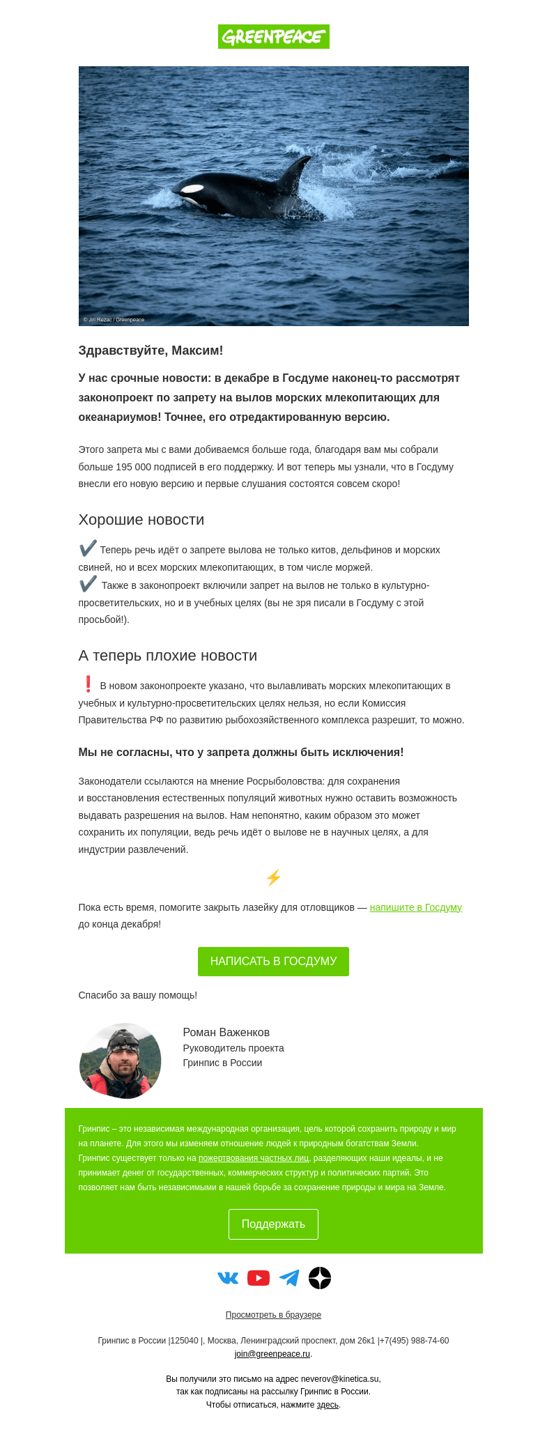 Письмо компании «Гринпис» на тему « ️⚡️🐋 Срочные новости о косатках!»