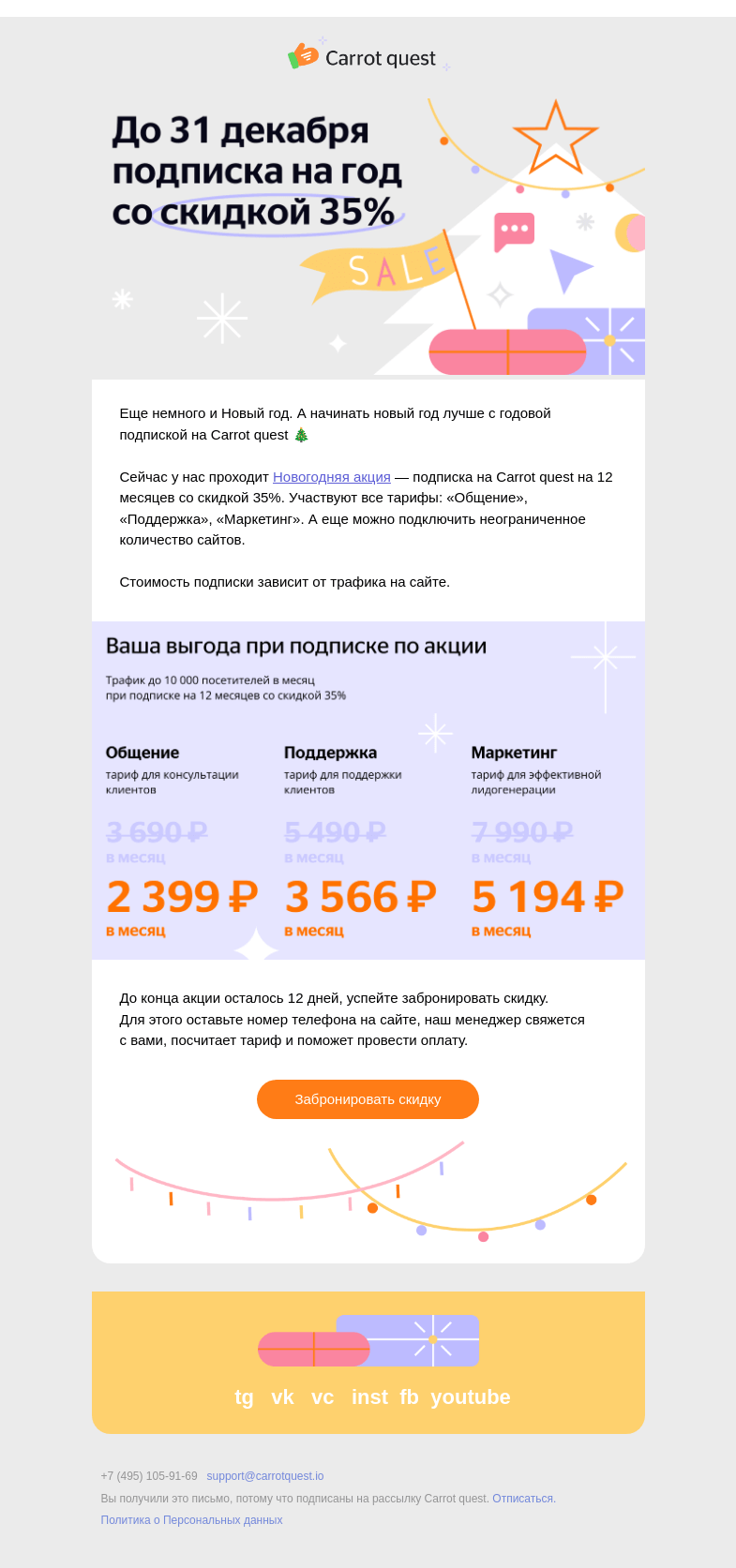 Письмо компании «Carrot quest» на тему «🎄☃️ Скидка 35% на подписку Carrot quest»