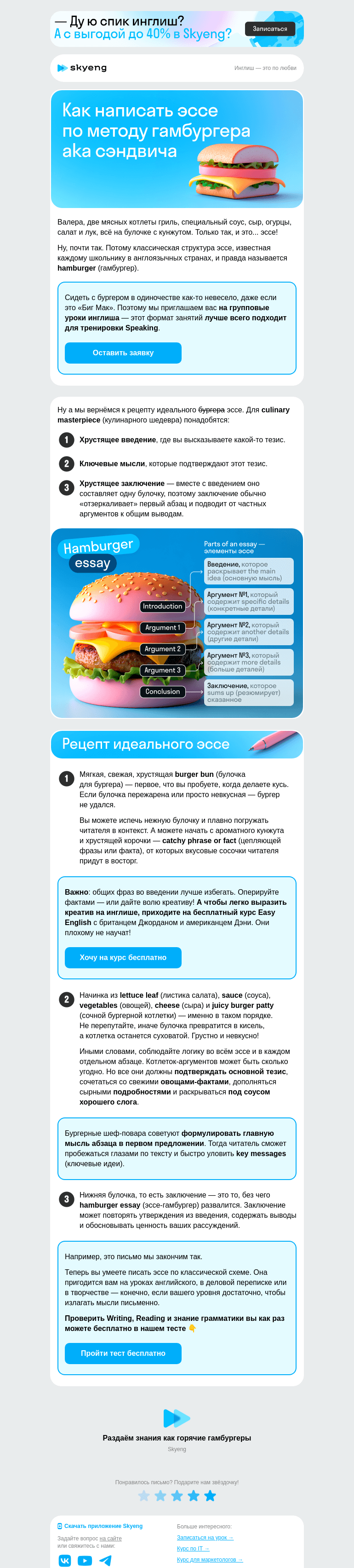 Письмо компании «Школа Skyeng» на тему «Объясняем Writing на булках и котлетах»