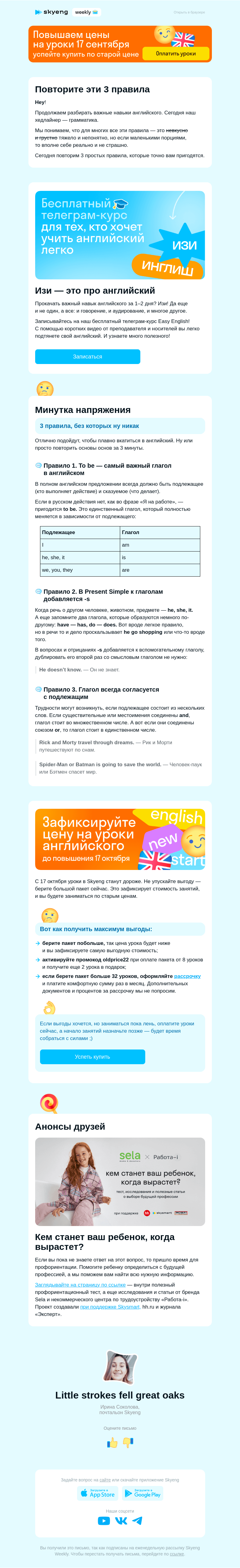 Письмо компании «Школа Skyeng» на тему «Три о-о-очень простых грамматических правила»