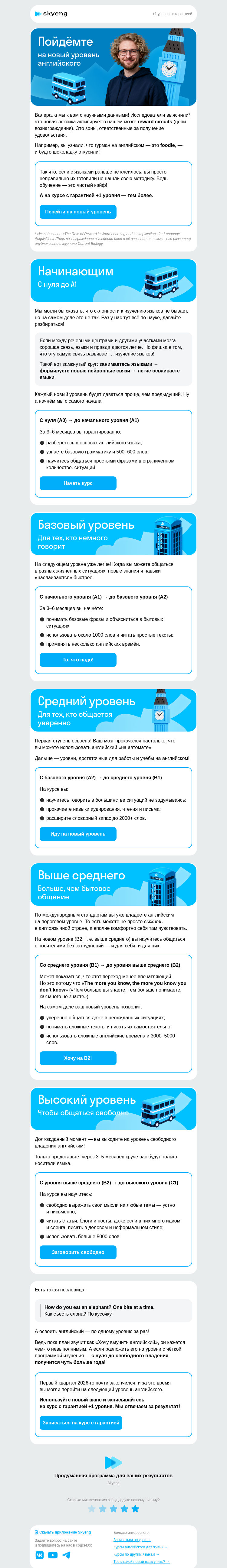 Письмо компании «Школа Skyeng» на тему «По одному уровню за раз»