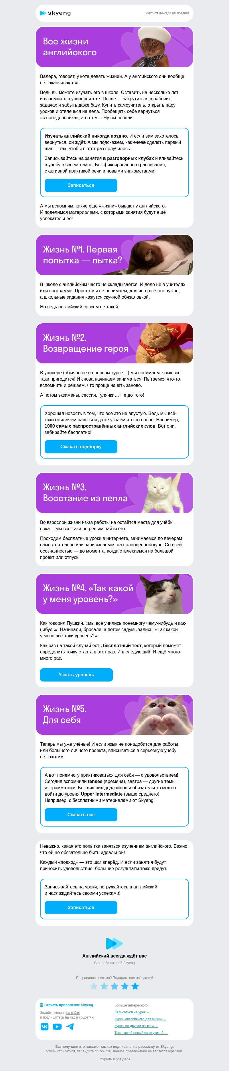 Письмо компании «Школа Skyeng» на тему «Cколько жизней у английского?»