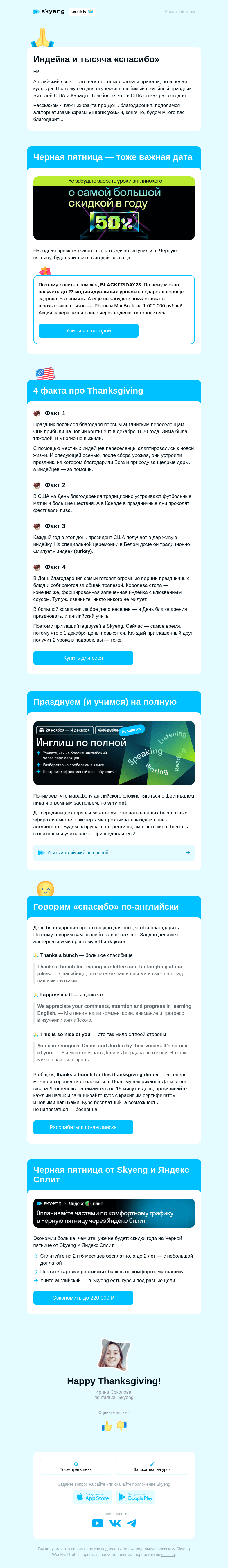 Письмо компании «Школа Skyeng» на тему «🦃 И н д е й к а. Поняли, о чем мы?»