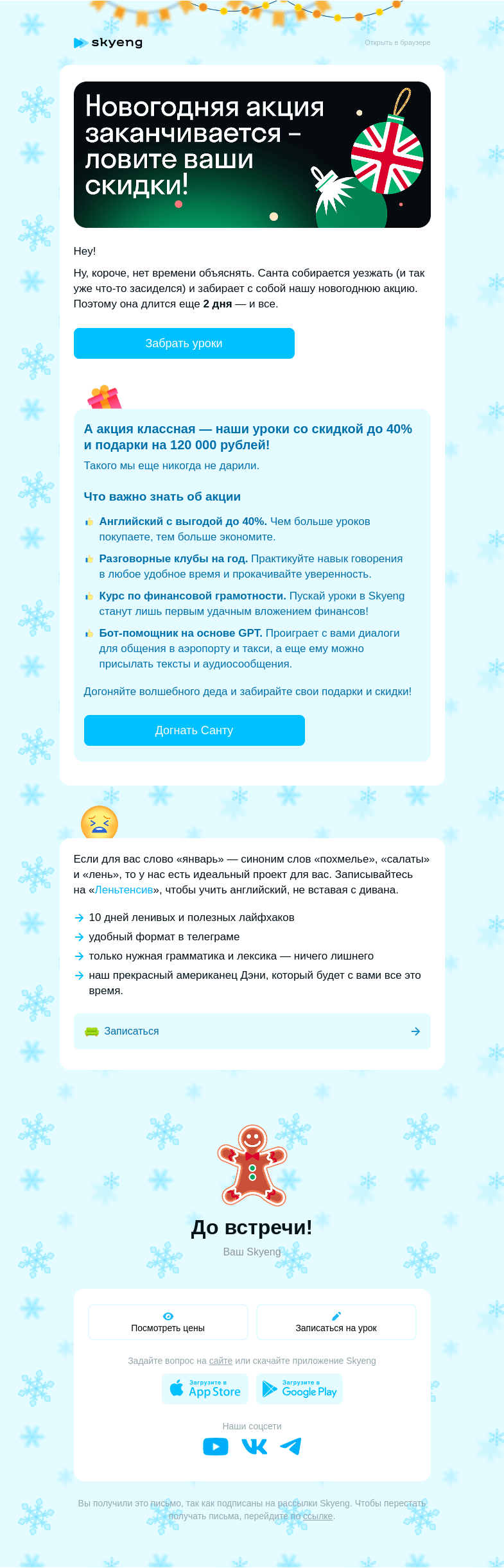 Письмо компании «Школа Skyeng» на тему «Лесной олень почти умчал с вашей скидкой 🦌»