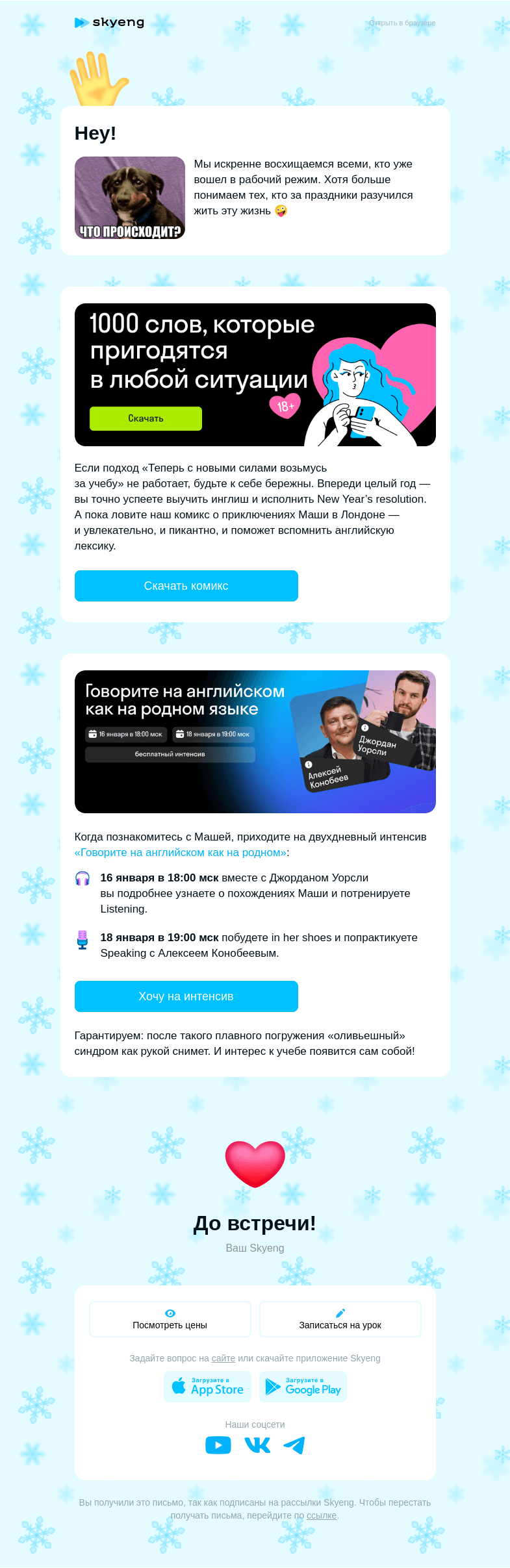 Письмо компании «Школа Skyeng» на тему «Справляемся с постновогодней ленью»