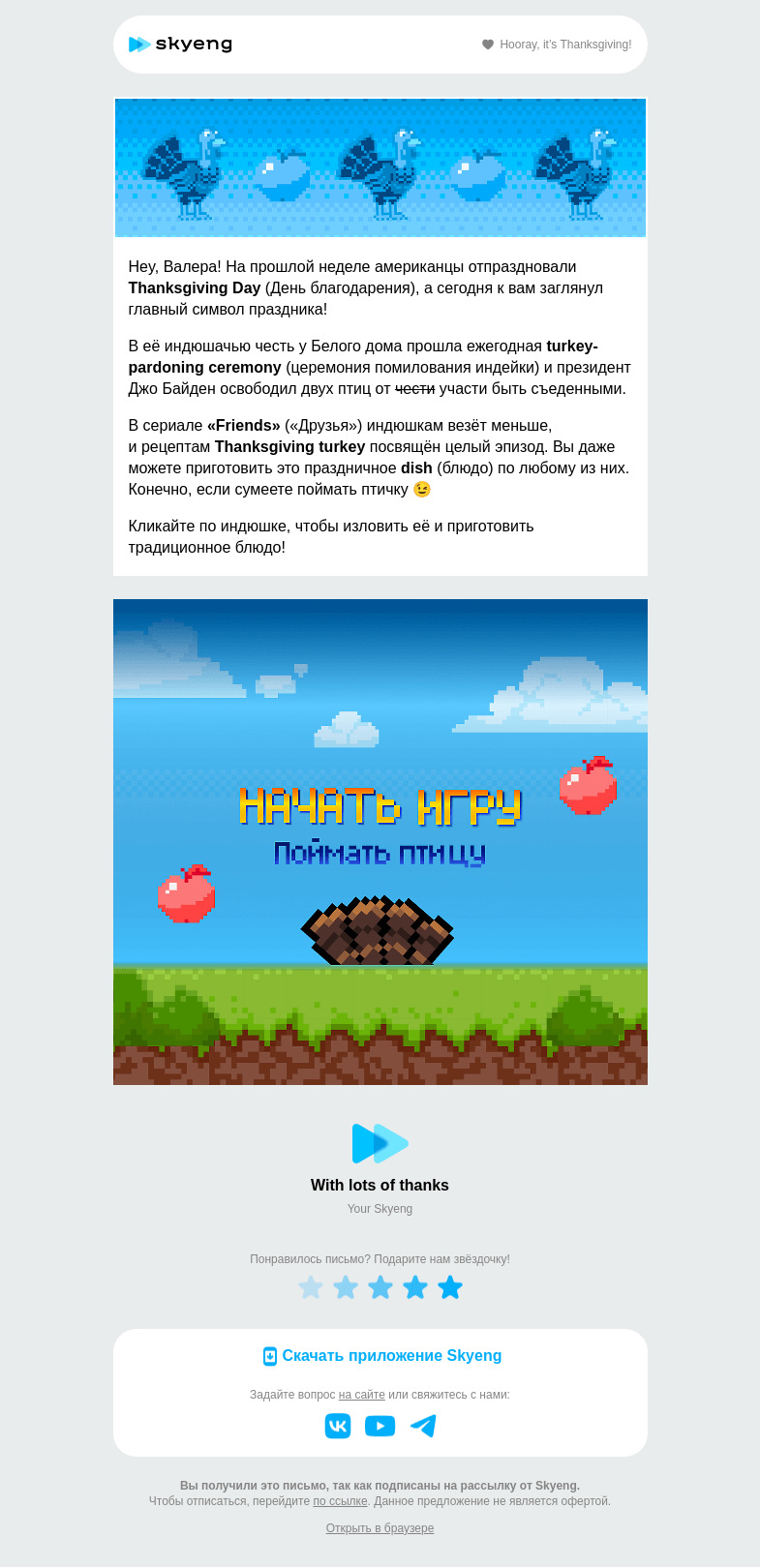 Письмо компании «Школа Skyeng» на тему «Ой, а у вас тут птица в письме!»