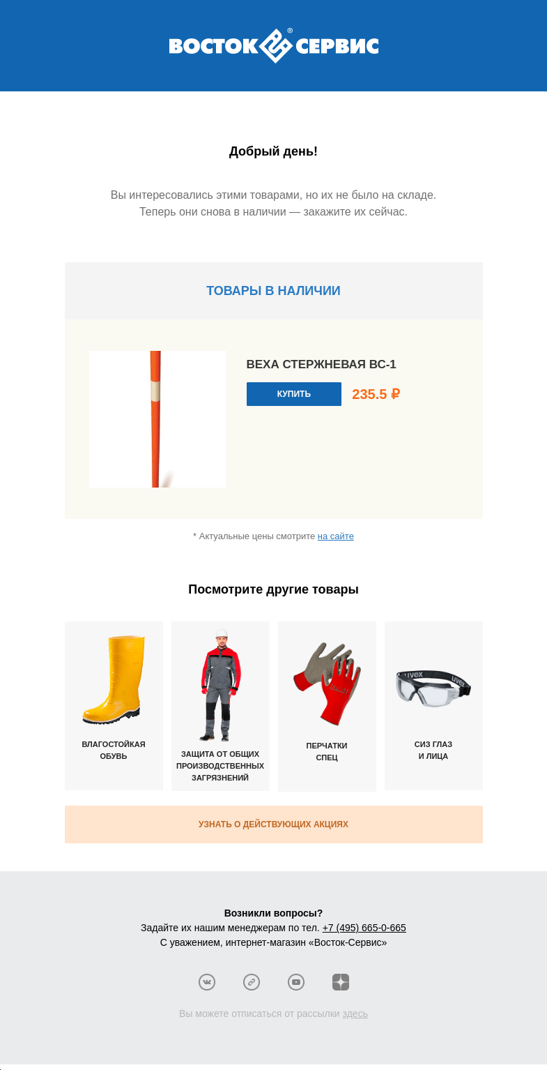 Письмо компании «Восток-Сервис» на тему «Снова в наличии товары, которыми вы интересовались»