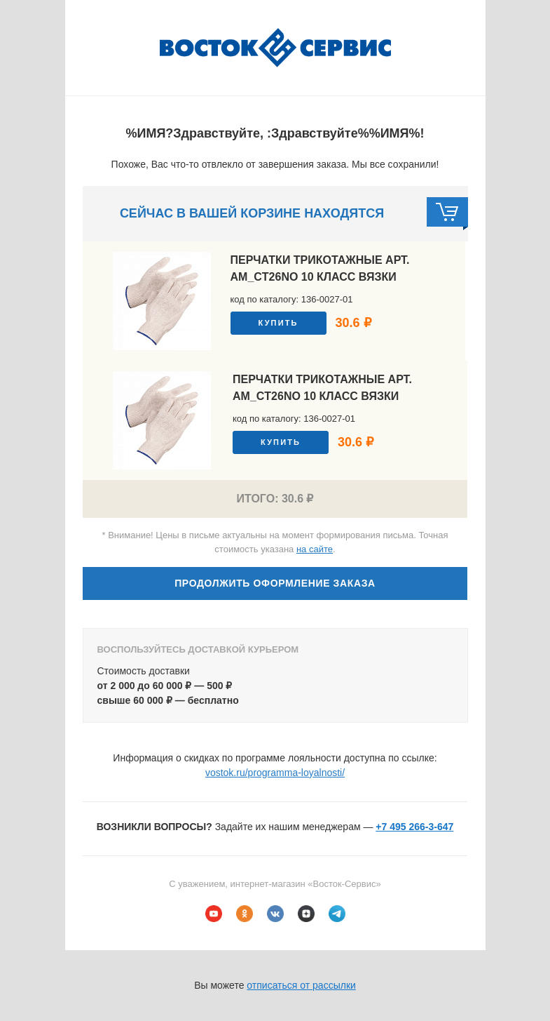Письмо компании «Восток-Сервис» на тему «Вы оставили товары у нас на сайте»