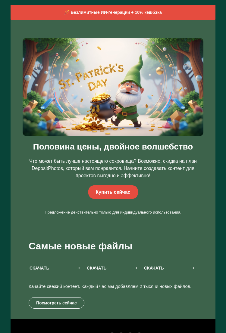 Письмо компании «Depositphotos» на тему «☘️ Ваш счастливый шанс! Получите скидку»
