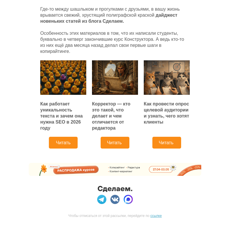 Письмо компании «Сделаем» на тему «Дайджест новеньких статей из блога Сделаем»