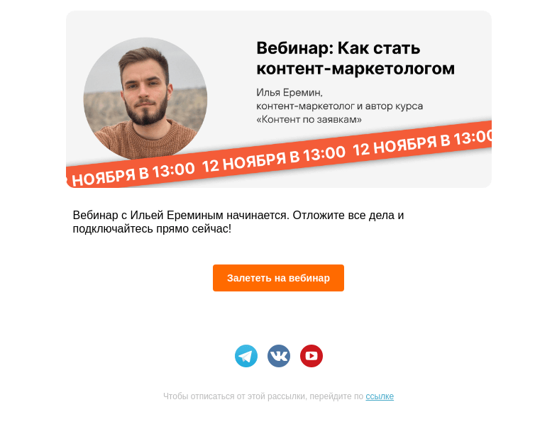 Письмо компании «Сделаем» на тему «👩‍🎓 Подключайтесь! Вебинар с Ильей Ереминым начинается»