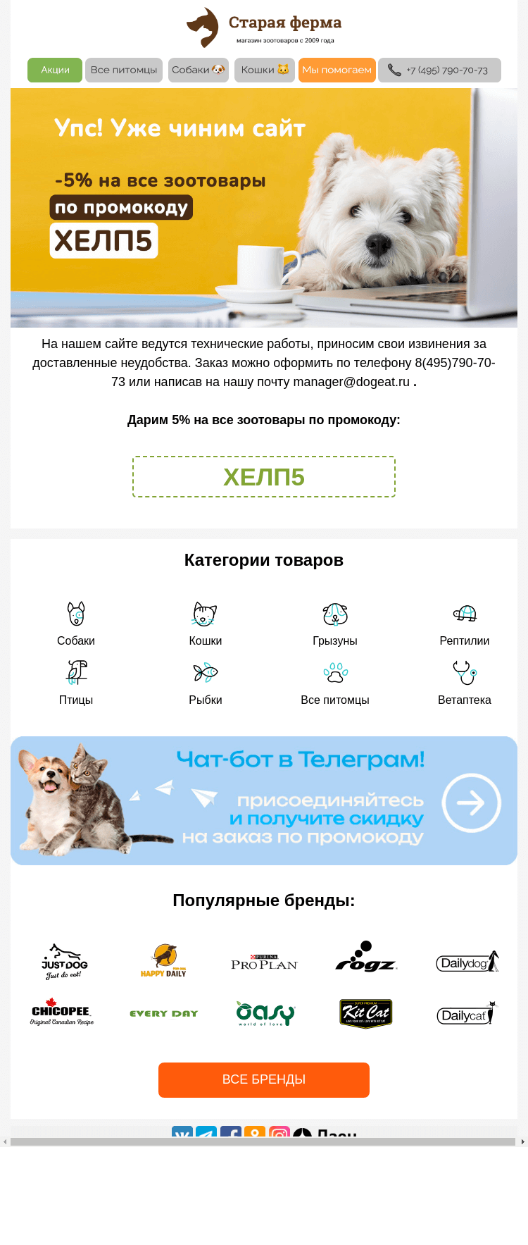 Письмо компании «Старая Ферма» на тему «На сайте технические работы 🛠️ Дарим промокод на все зоотовары 🐾»