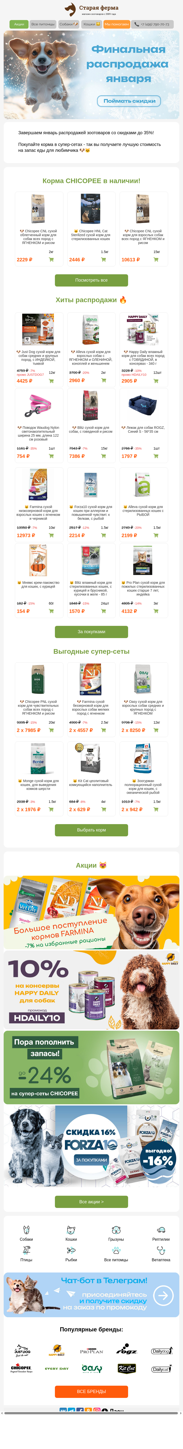 Письмо компании «Старая Ферма» на тему «Финальная распродажа января ❄️ До 35% на любимые зоотовары 😻🐾»