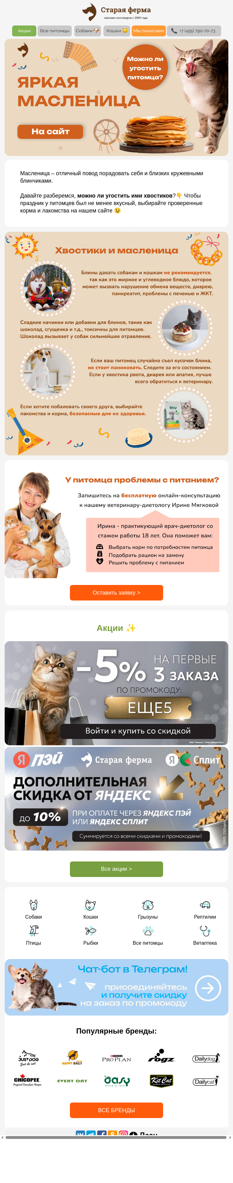 Письмо компании «Старая Ферма» на тему «Яркая масленица 🥞 Можно ли питомца угостить блинами?»
