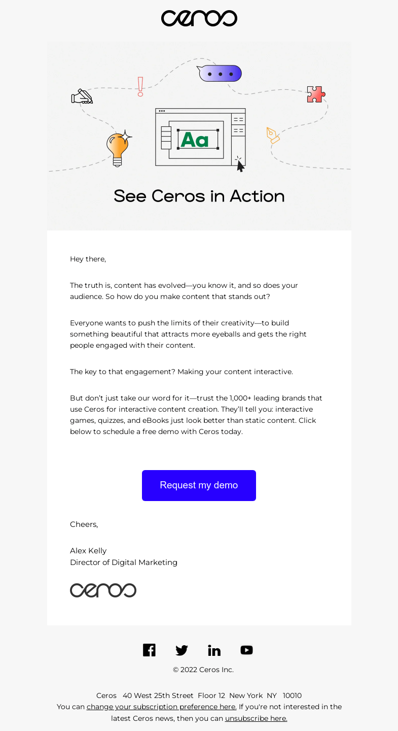 Письмо компании «Alex at Ceros» на тему «Friend, Let’s Upgrade Your Digital Content 📈»
