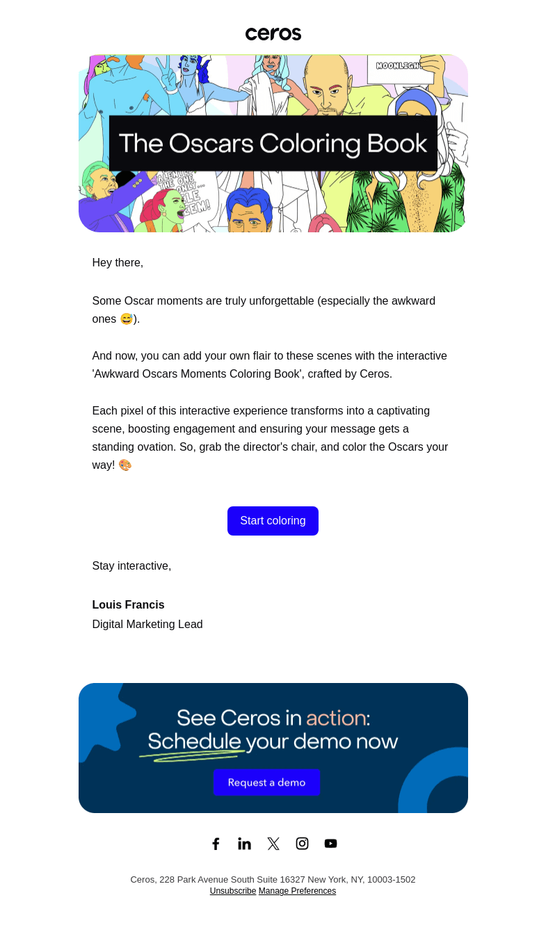 Письмо компании «Alex at Ceros» на тему «🎨 Oscar's Moments with a Colorful Twist»