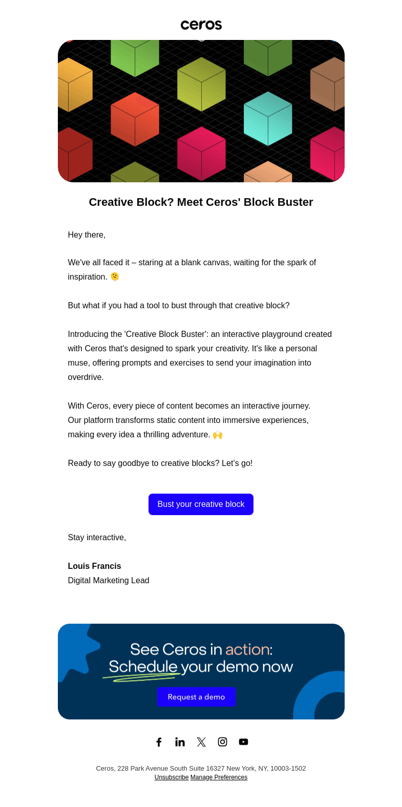 Письмо компании «Alex at Ceros» на тему «Let's Kick Creative Block to the Curb 👊»