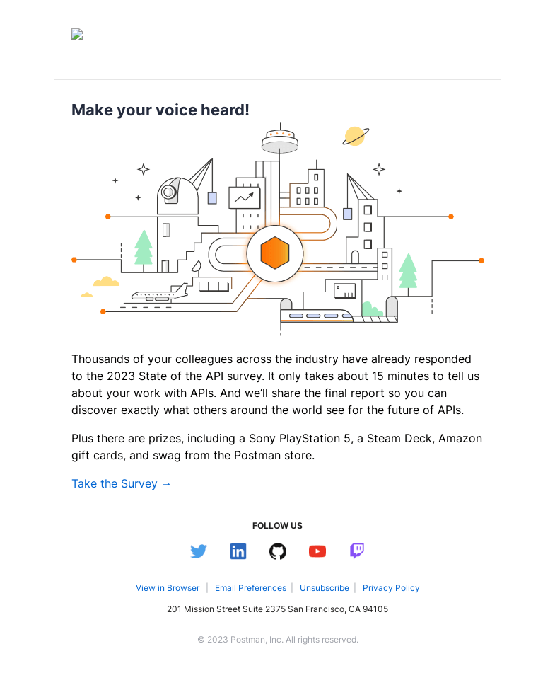 Письмо компании «Postman» на тему «Reminder: Take the State of the API survey (a PS5 is up for grabs)»