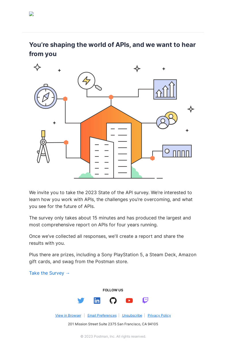 Письмо компании «Postman» на тему «15-minute API survey for a chance to win a PS5 or Steam Deck»
