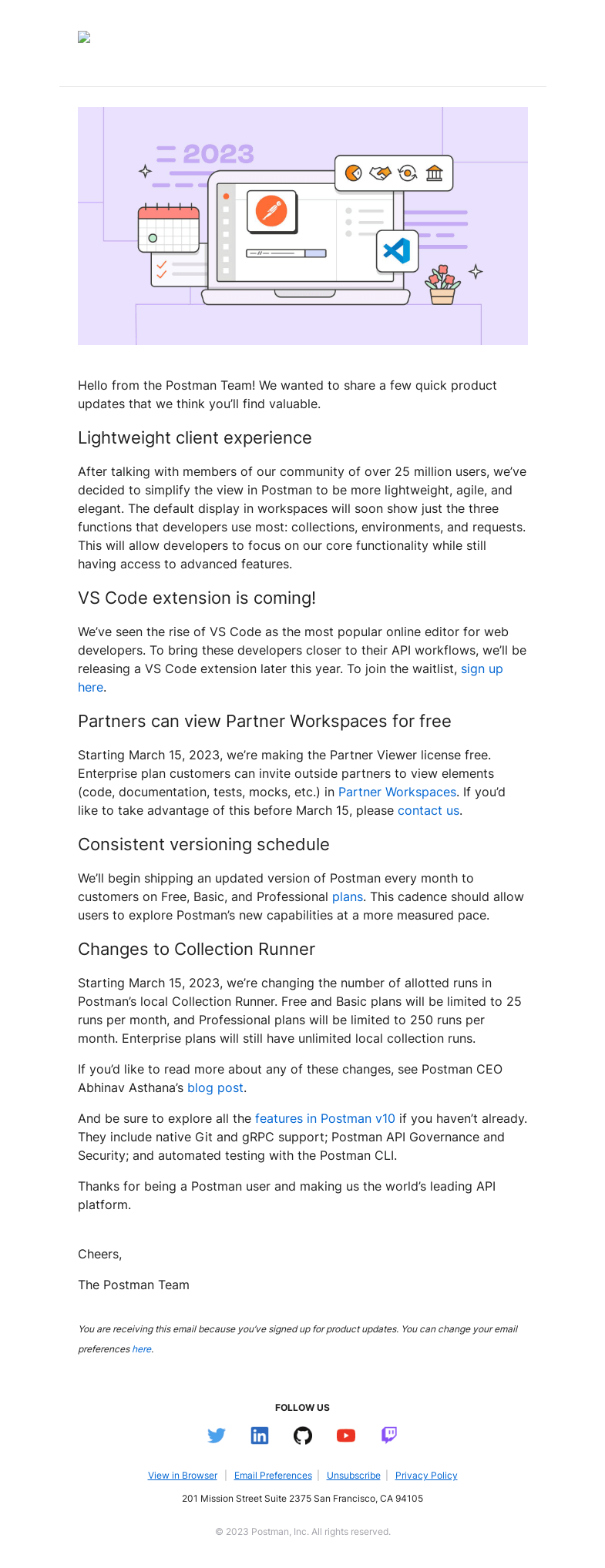Письмо компании «Postman» на тему «New features you’ll want: VS Code extension, Partner Workspace viewer»