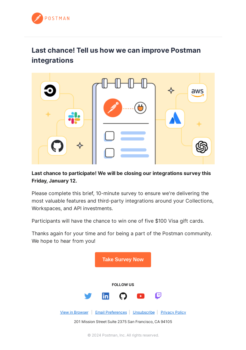 Письмо компании «Postman» на тему «Last chance! Tell us how we can improve Postman integrations»