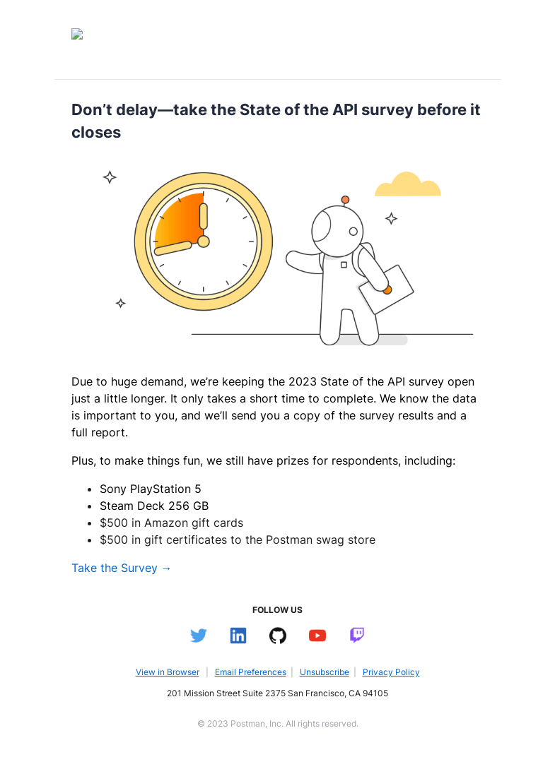 Письмо компании «Postman» на тему «State of the API survey extended! A PS5 or Steam Deck could be
 yours»
