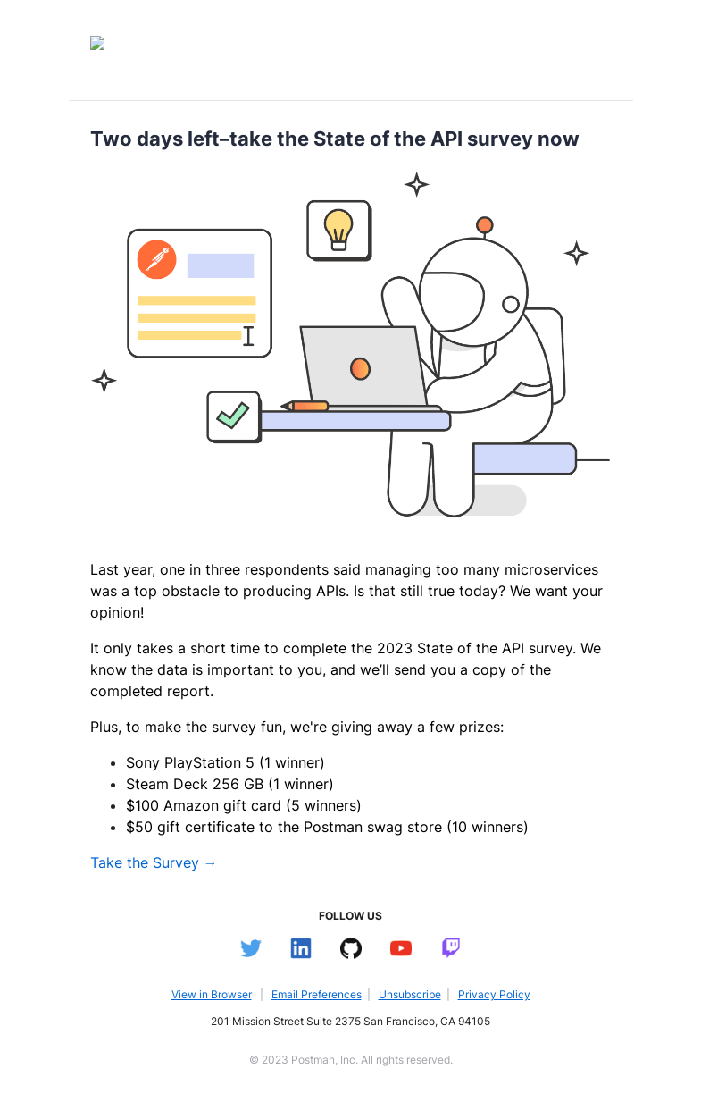 Письмо компании «Postman» на тему «2 days left to win a PS5 or Steam Deck–take the State of the API survey!»